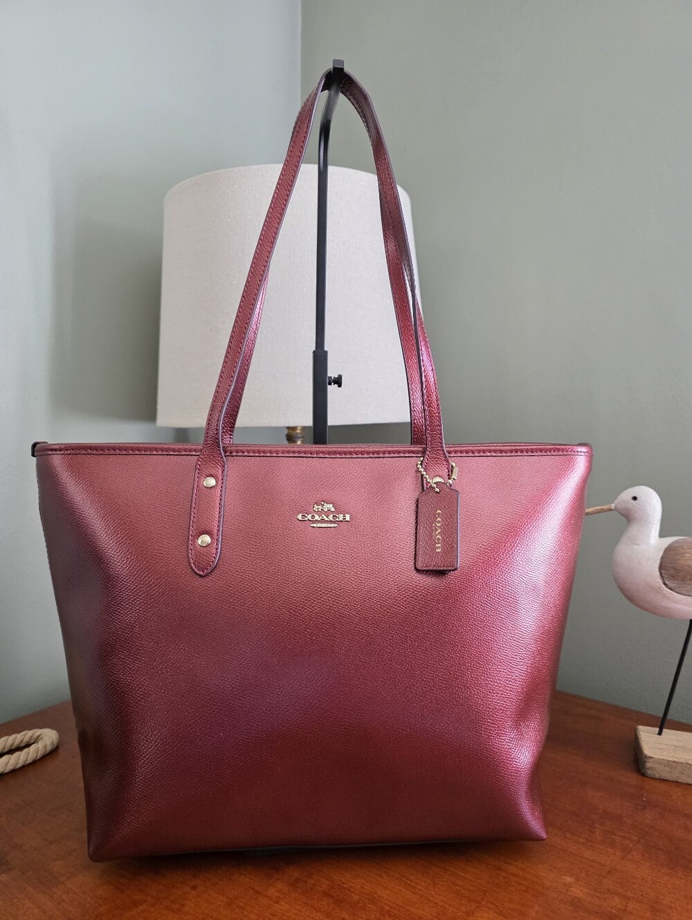Coach F56129 City Tote Burgundy Dark Cherry Metallic Leather Tote Bag